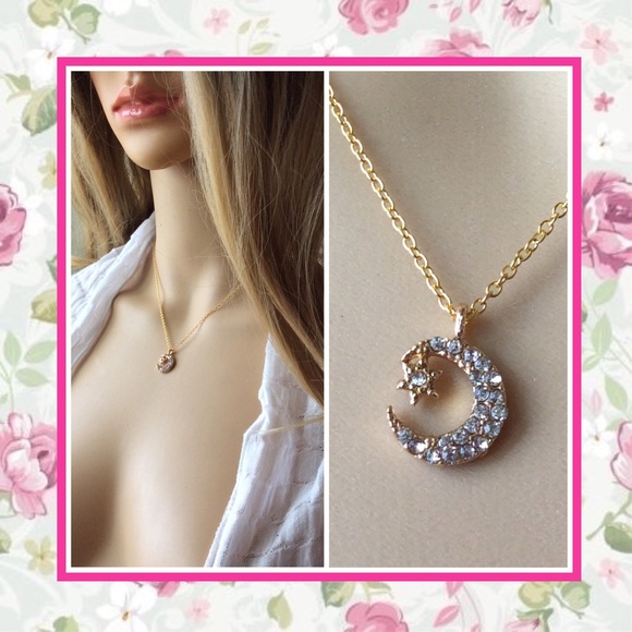🌺 GOLD MOON STAR 16"  BLING DIAMOND NECKLACE BOHO RHINESTONE BETSY JOHNSON - Picture 1 of 7